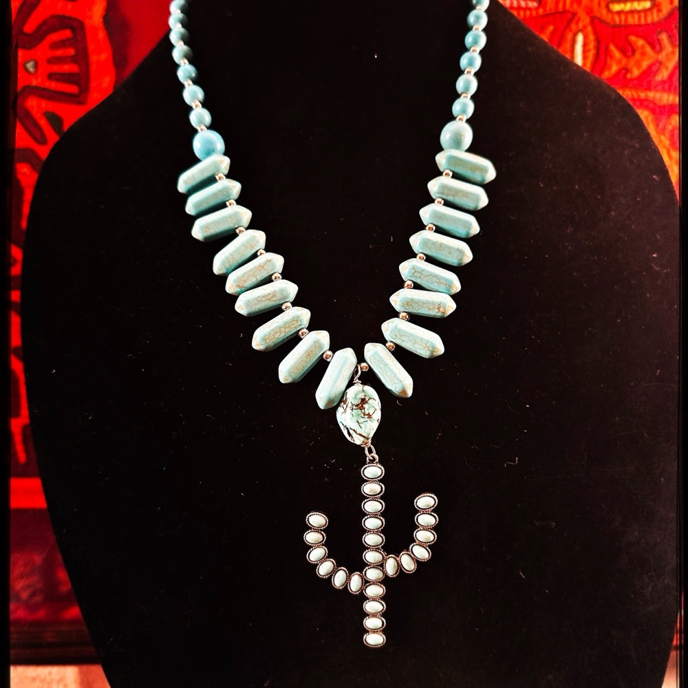 Turquoise cactus pendant with turquoise stone necklace